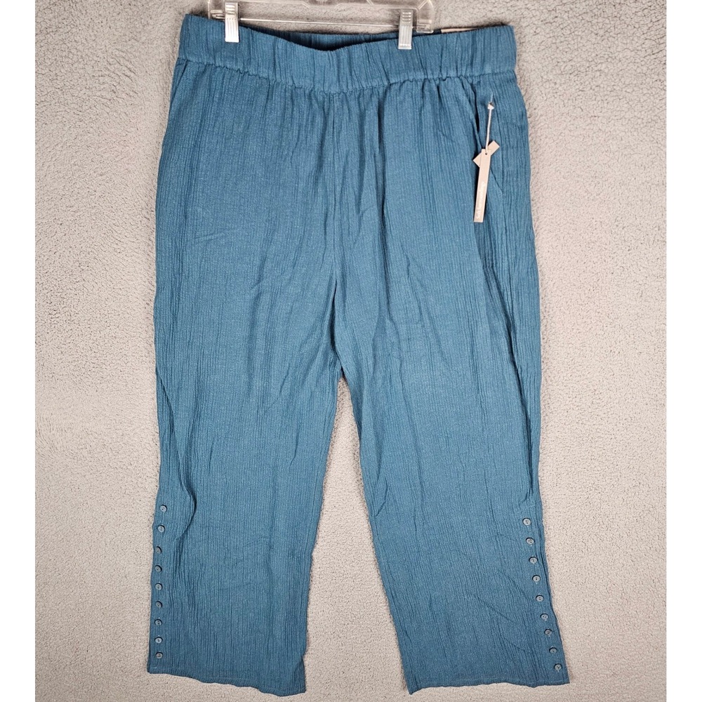 Soft Surroundings Pants Womens XL Blue Wide Leg Gauze Button Hem Full Length